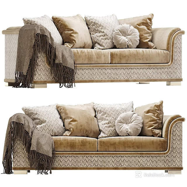 Elegant Two Seater Sofa With Soft Beige Velvet Upholstery Decorative Pillows And Throw Blanket 3d model 