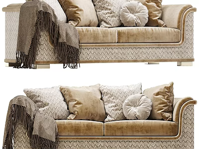 Elegant Two Seater Sofa With Soft Beige Velvet Upholstery Decorative Pillows And Throw Blanket 3d model
