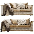 Elegant Two Seater Sofa With Soft Beige Velvet Upholstery Decorative Pillows And Throw Blanket