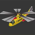 Yellow and Red Aerospace Helicopter Model with Multiple Rotors and Reflection on Black Background