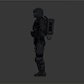Futuristic Armored Character Standing With Glowing Blue Helmet And Body Armor
