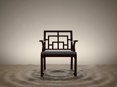 Traditional Chinese Wooden Chair With Geometric Backrest On Sand With Circular Patterns And Mist 3d model