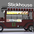 Red Stickhouse Mobile Food Cart With Striped Awning Drink Display And Balloons