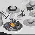 Elegant Tableware Set Including Bowls Plates Mugs Crystal Glasses and Fruit Decorations