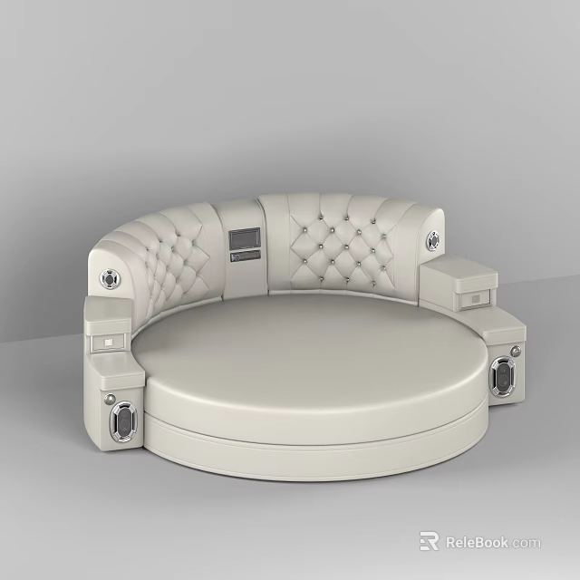 Modern White Leather Round Bed With Tufted Upholstered Backrest And Control Panel 3d model 