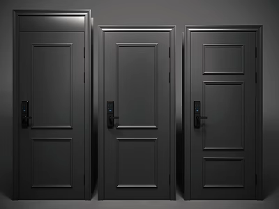 Three Black Security Doors Featuring Electronic Locks Sleek Design And Various Panel Styles 3d model