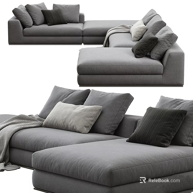 Modern Gray Sectional Sofa Set With Plush Pillows And Throw Blanket 3d model 