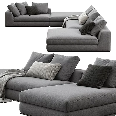Modern Gray Sectional Sofa Set With Plush Pillows And Throw Blanket 3d model