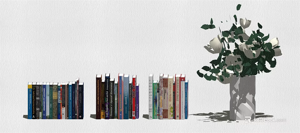 Stylish Decorative Ornament Set With Books Vase Green Leaves And White Flowers 3d model 