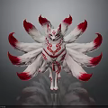 Mythical Nine Tailed Fox Creature With White Red Fluffy Tails And Red Patterns