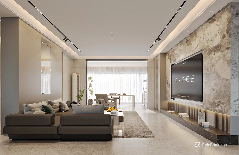 Modern Living and Dining Room Interior With Open Layout Marble Wall Sofa And Dining Table 3d model 