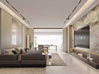 Modern Living and Dining Room Interior With Open Layout Marble Wall Sofa And Dining Table 3d model