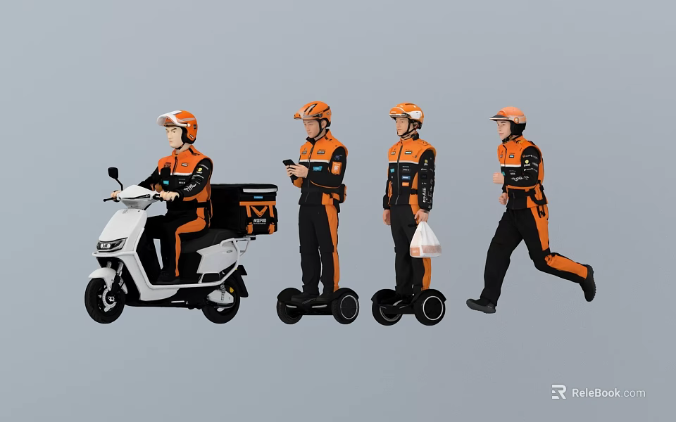 Multiple Delivery Workers In Orange Uniforms Riding Electric Scooter Hoverboard And Running With Bags 3d model 