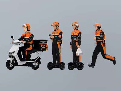 Multiple Delivery Workers In Orange Uniforms Riding Electric Scooter Hoverboard And Running With Bags 3d model