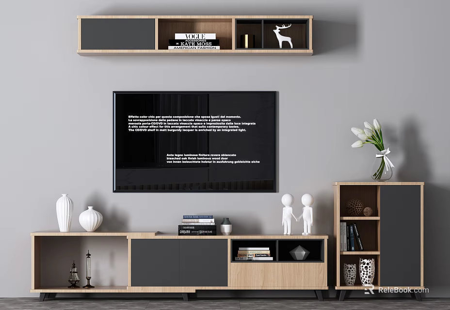 Modern Wooden TV Stand With Storage Shelves Decorative Statues Books And Vase In Living Room 3d model 
