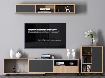 Modern Wooden TV Stand With Storage Shelves Decorative Statues Books And Vase In Living Room 3d model