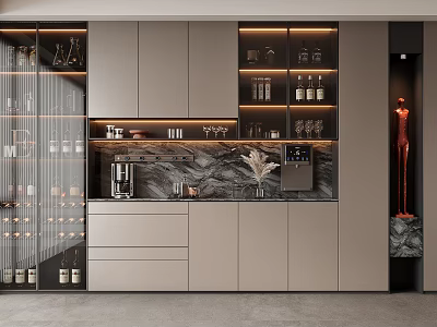 Modern Wine Cabinet Design With Lighted Shelves Glass Doors And Marble Countertop 3d model
