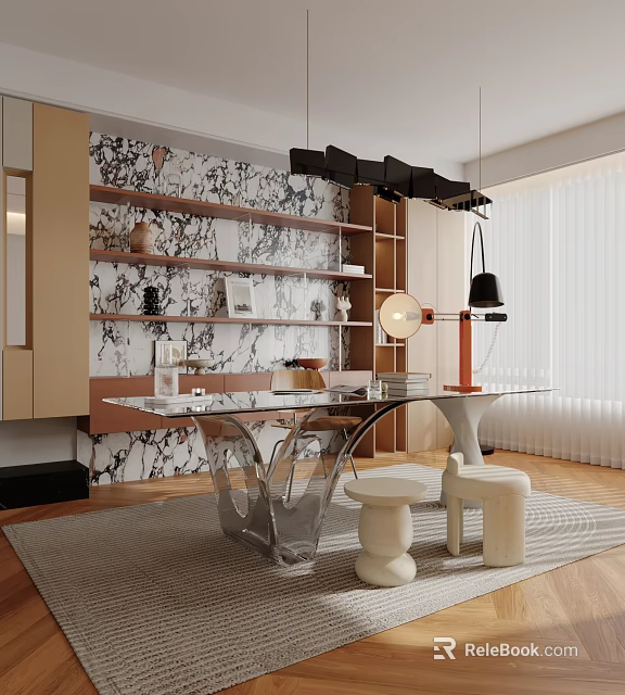 Stylish Study Room Interior With Marble Wall Shelves Transparent Glass Desk White Stools And Decorative Table Lamp 3d model 