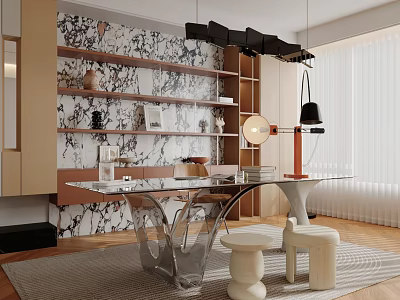 Stylish Study Room Interior With Marble Wall Shelves Transparent Glass Desk White Stools And Decorative Table Lamp 3d model