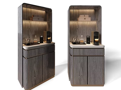 Modern Wooden Sideboard With Open Shelves Warm Lighting And Decorative Items 3d model