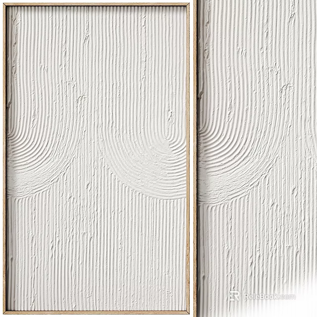 Modern Abstract Painting with Curved Lines and Textured White Surface in Wooden Frame 3d model 