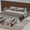 Modern Double Bed With Wooden Headboard Nightstands Table Lamp Bench And Rug