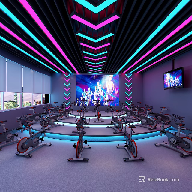 Indoor Spin Class Fitness Studio With Vibrant Pink Blue Purple Lights And Large Dynamic Screen 3d model 