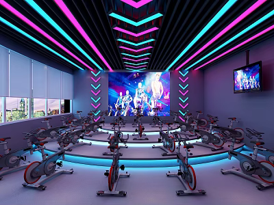 Indoor Spin Class Fitness Studio With Vibrant Pink Blue Purple Lights And Large Dynamic Screen 3d model