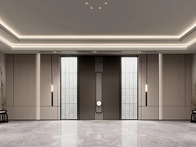 Modern Entryway Hall With Marble Floor Double Doors Side Wall Lamps And Ceiling Light Strips 3d model