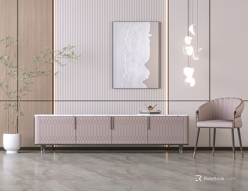 Elegant Light Pink TV Stand With Drawers Decorative Painting Pendant Lights Chair And Plant 3d model 