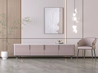 Elegant Light Pink TV Stand With Drawers Decorative Painting Pendant Lights Chair And Plant 3d model