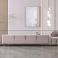 Elegant Light Pink TV Stand With Drawers Decorative Painting Pendant Lights Chair And Plant