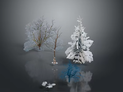 Snow Covered Trees Including Evergreen And Deciduous With Snow Piles And Reflection 3d model