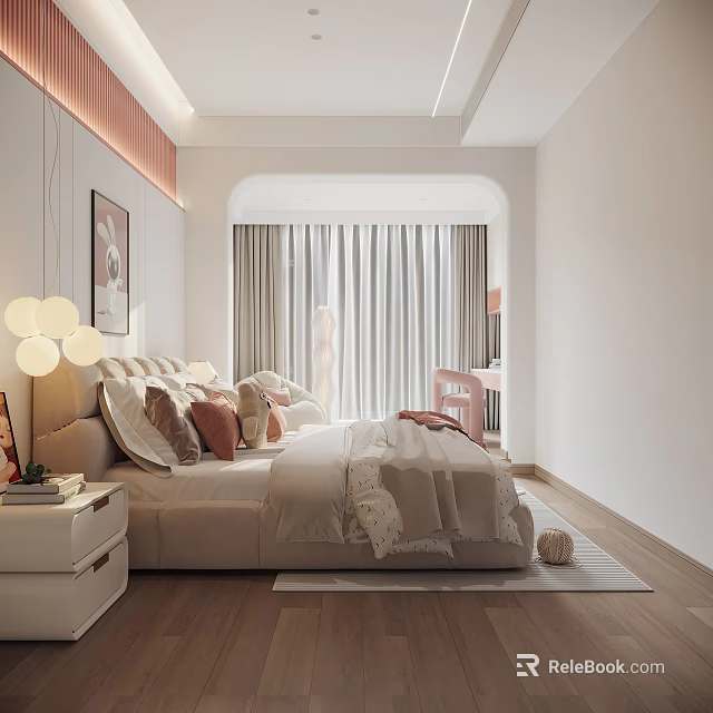 Elegant Modern Bedroom Interior With Cozy Bedding Decorative Painting And Soft Lighting Curtains 3d model 