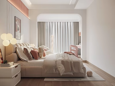 Elegant Modern Bedroom Interior With Cozy Bedding Decorative Painting And Soft Lighting Curtains 3d model