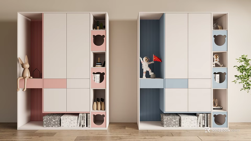 Modern Kids Wardrobe With Pink Blue And White Design Shelves Toys And Shoes 3d model 
