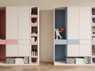 Modern Kids Wardrobe With Pink Blue And White Design Shelves Toys And Shoes 3d model