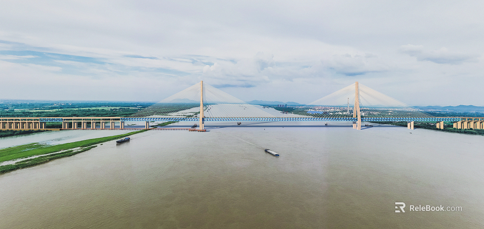 Modern Cable Stayed Bridge Spanning Wide River With Boats And Scenic Views 3d model 