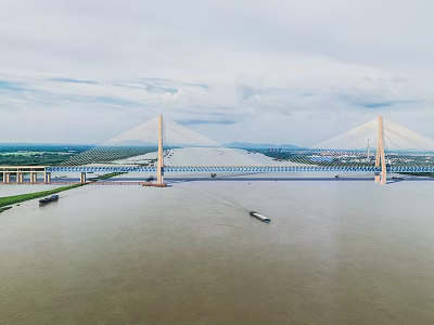 Modern Cable Stayed Bridge Spanning Wide River With Boats And Scenic Views 3d model