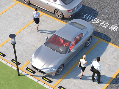 Parking Lot Featuring Luxury Maserati Car Yellow Lines and Pedestrians Walking Around 3d model