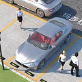 Parking Lot Featuring Luxury Maserati Car Yellow Lines and Pedestrians Walking Around