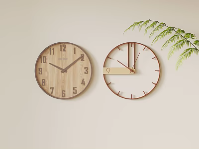 Two Wooden Wall Clocks with Simple Design and Green Leaf Accent 3d model