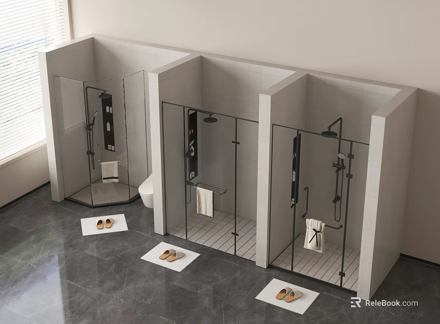 Modern Minimalist Shower Stalls With Glass Doors Shower Heads And Grey Tiled Floors 3d model 