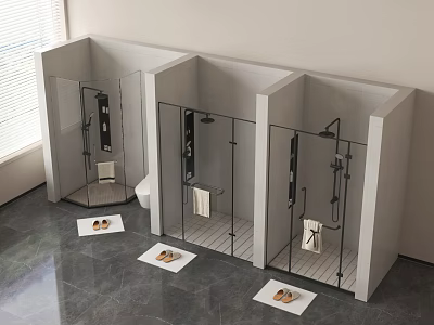 Modern Minimalist Shower Stalls With Glass Doors Shower Heads And Grey Tiled Floors 3d model