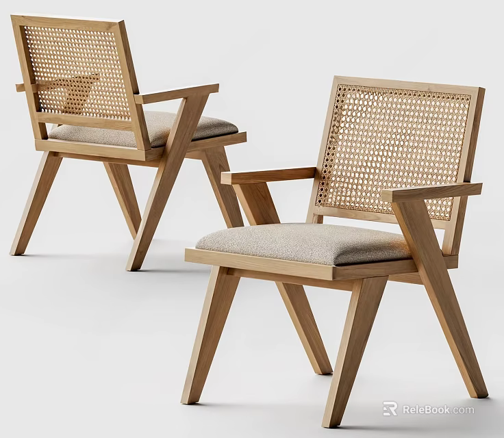 Stylish Wooden Leisure Chair With Rattan Backrest Armrests And Light Gray Cushion 3d model 