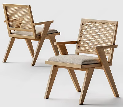 Stylish Wooden Leisure Chair With Rattan Backrest Armrests And Light Gray Cushion 3d model