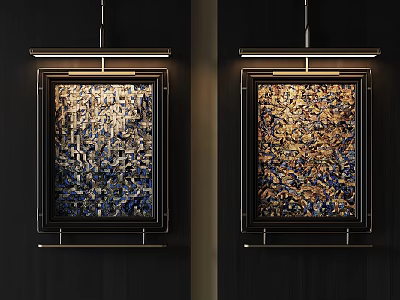 Abstract Painting With Black Frame Gold Blue Texture On Dark Wall With Lighting 3d model