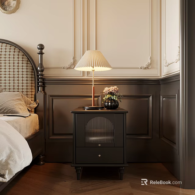Elegant Bedroom Interior With Wicker Headboard Black Nightstand Table Lamp Vase And Paneled Walls 3d model 