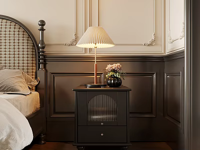 Elegant Bedroom Interior With Wicker Headboard Black Nightstand Table Lamp Vase And Paneled Walls 3d model