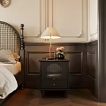 Elegant Bedroom Interior With Wicker Headboard Black Nightstand Table Lamp Vase And Paneled Walls